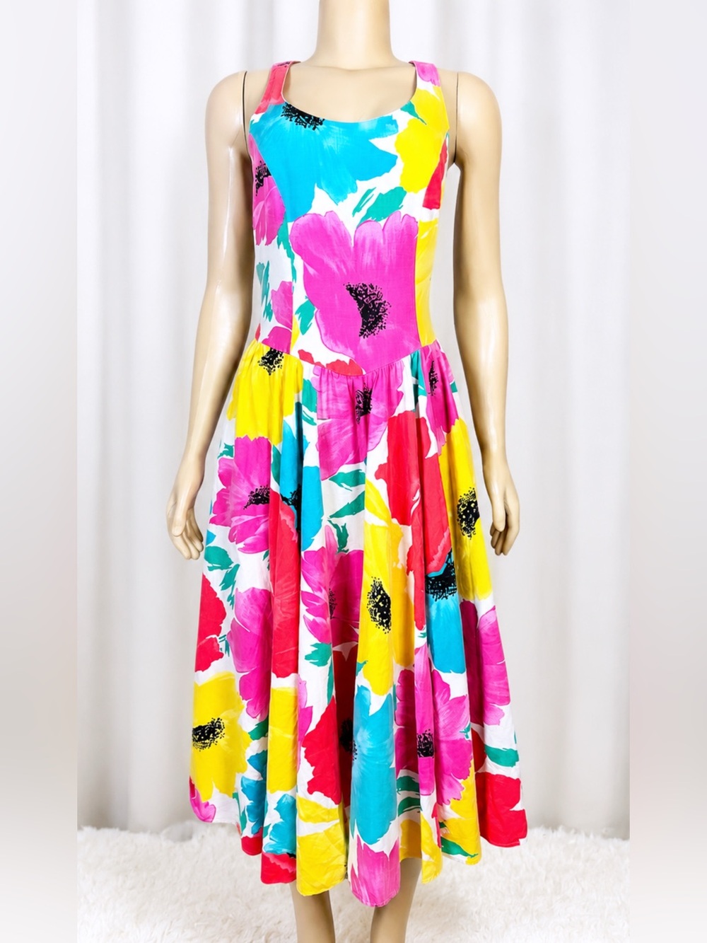 Vintage Bright Floral Criss Cross Back Midi Dress Size 7/8